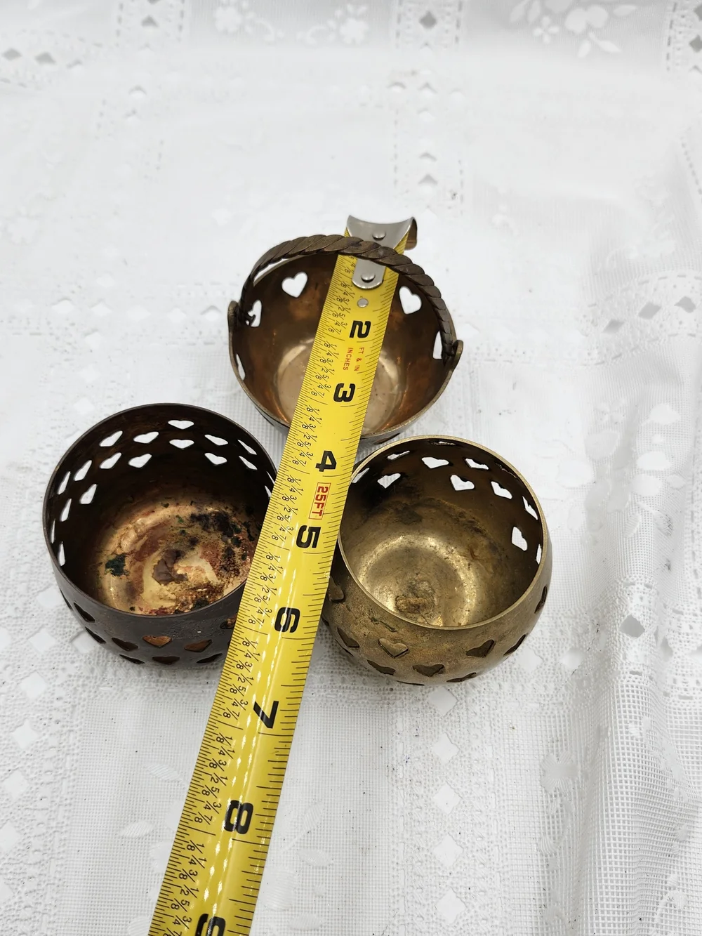 lot of 3  Solid Brass Heart Cut Out Votive Candle Holder Tea Light